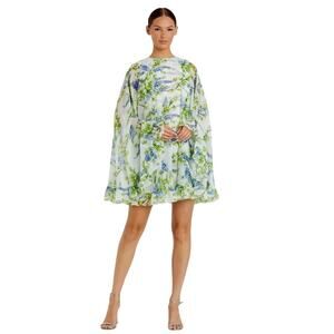 IEENA MacDuggal, Blue Floral Ruffle Hem Cape Mini Dress, Sz 10, NWT